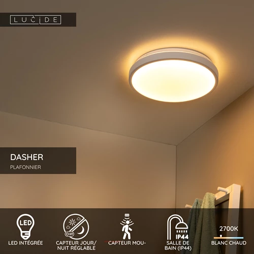 Lucide DASHER - Plafonnier Salle de bains - Ø 34,8 cm - LED - 1x18W 2700K - IP44- Détecteur De Mouvement & Jour/Nuit - Blanc - USP